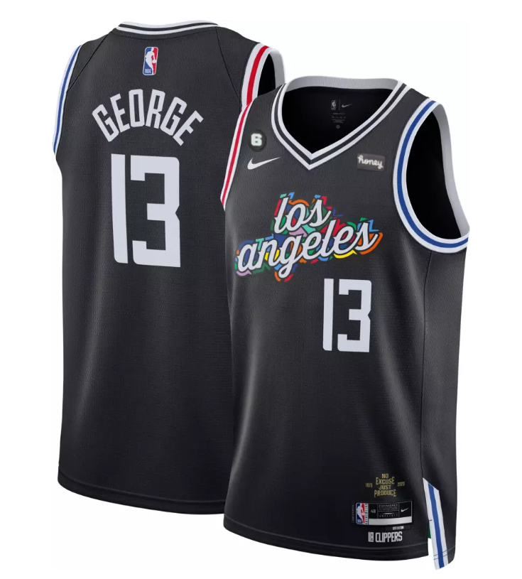 Men's Los Angeles Clippers #13 Paul George Black 2022/23 City Edition With NO.6 Patch Stitched Jersey