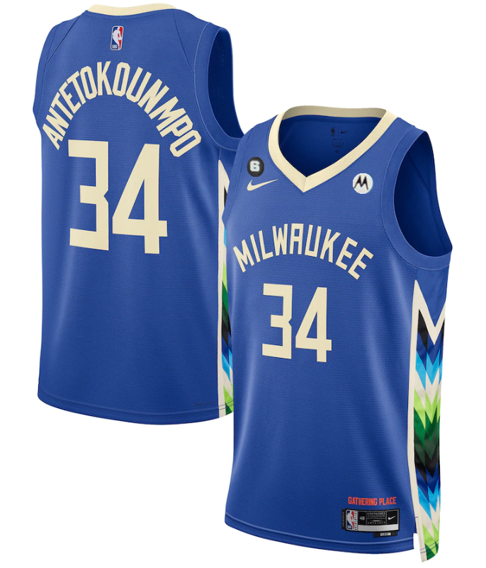 Men's Milwaukee Bucks #34 Giannis Antetokounmpo Blue 2022/23 City Edition With NO.6 Patch Stitched Basketball Jersey