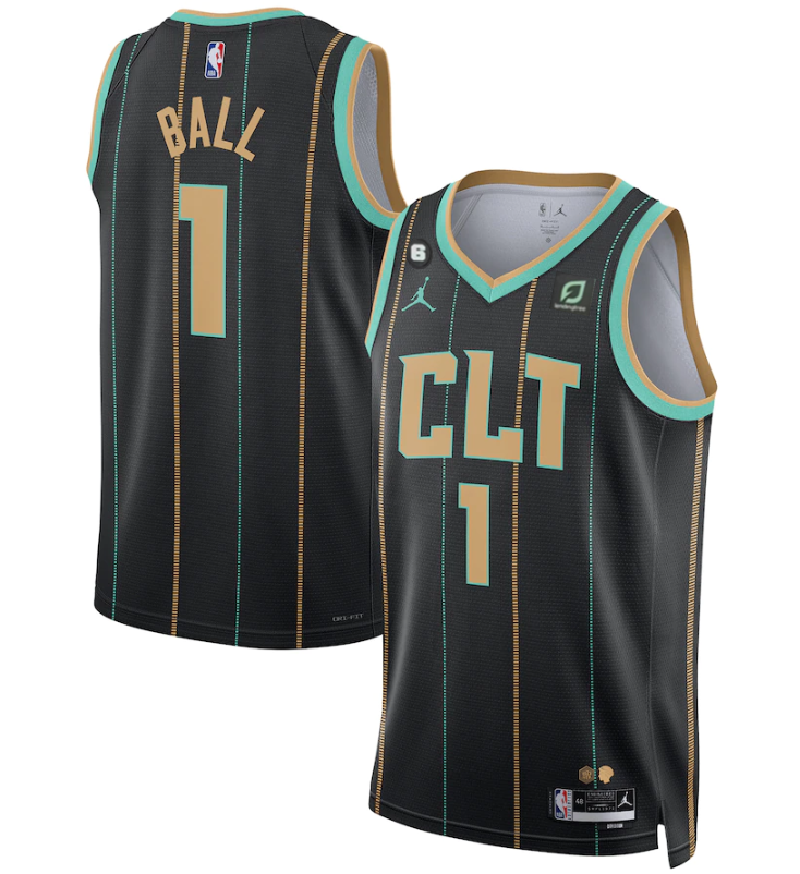 Men's Charlotte Hornets #1 LaMelo Ball Black 2022/23 City Edition No.6 Patch Stitched Basketball Jersey